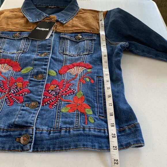 Desiqual Embroidered Flowers Western Denim Jean Jacket Stretchy Mixed Media Boho - Picture 14 of 16